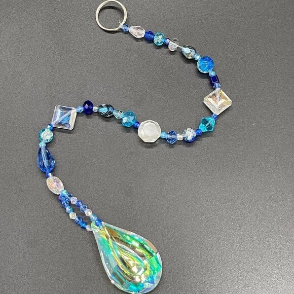 Blue Beaded Suncatcher - Clear Crystal Prism - Indoor Outdoor Hanging Decor - Picture 3 of 16